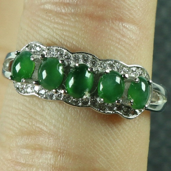 925 Silver Cert'd Emerald 100% Natural A Jade jadeite Adjustable Ring 戒指 - Picture 1 of 8